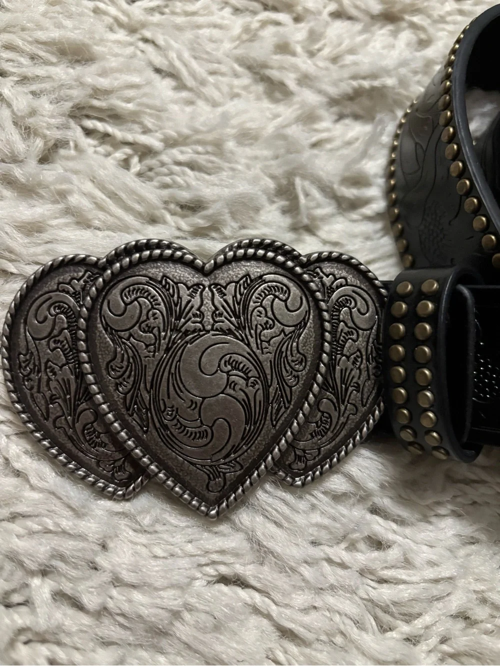 Men’s Vintage Black Leather Studded Embossed Belt with Heart Buckle Size L/XL